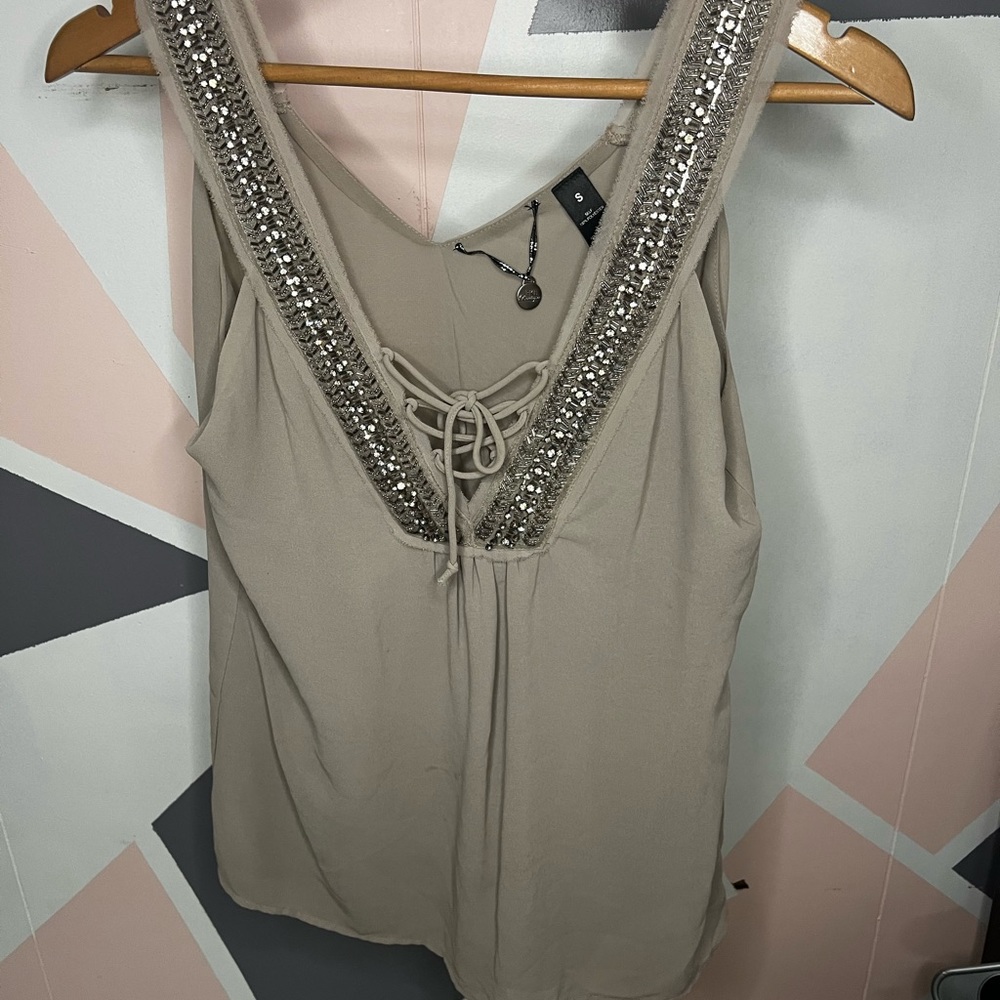 Miss Me sheer light grey tank top. Lace up with rhinestone neck line